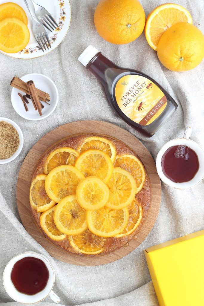Orange and honey cake - flatlay with tea
